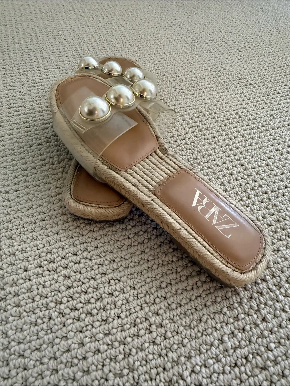 ZARA Clear Pearl-Trim Espadrille Slide - Tan & Pearl - Picture 3 of 4